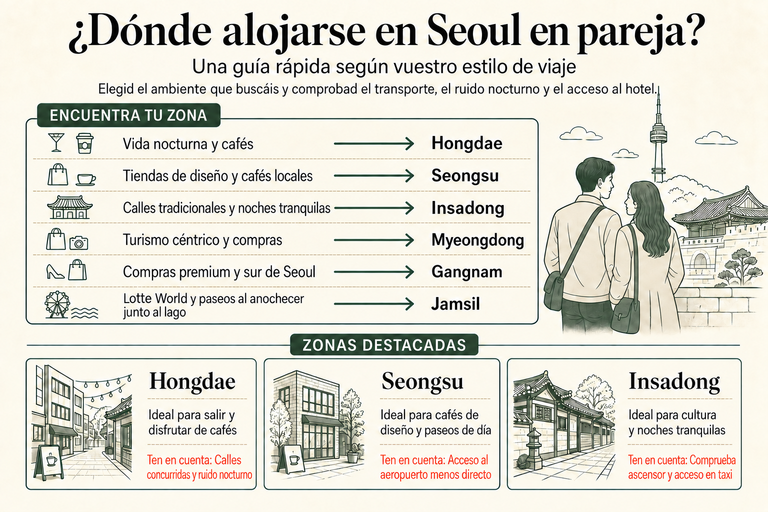 Comparación de zonas para hospedarse en pareja en Seúl: Hongdae, Seongsu, Insadong, Myeongdong, Gangnam y Jamsil.
