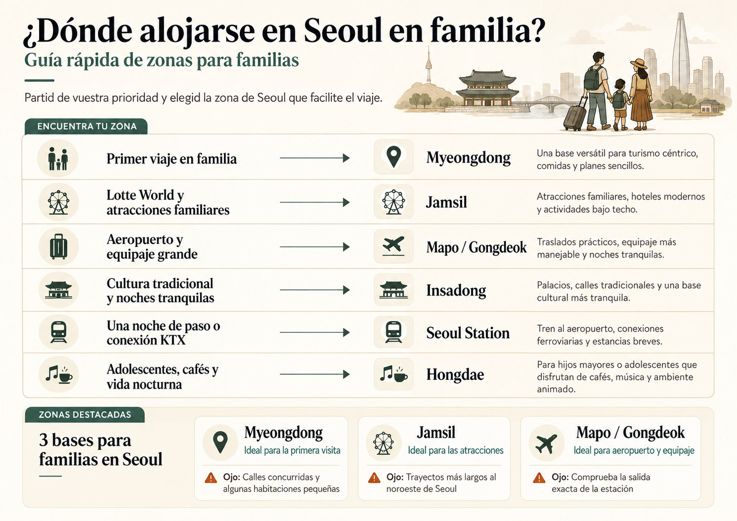 Comparación de zonas para hospedarse con niños en Seúl: Myeongdong, Jamsil, Mapo/Gongdeok, Insadong, Seoul Station y Hongdae.