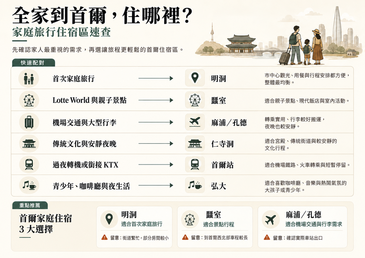 首爾家庭住宿區指南，比較明洞、蠶室、麻浦與孔德、仁寺洞、首爾站和弘大。