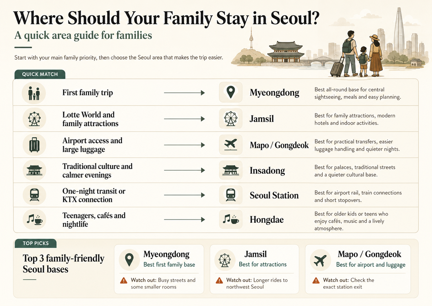 Family accommodation area guide for Seoul comparing Myeongdong, Jamsil, Mapo and Gongdeok, Insadong, Seoul Station, and Hongdae.