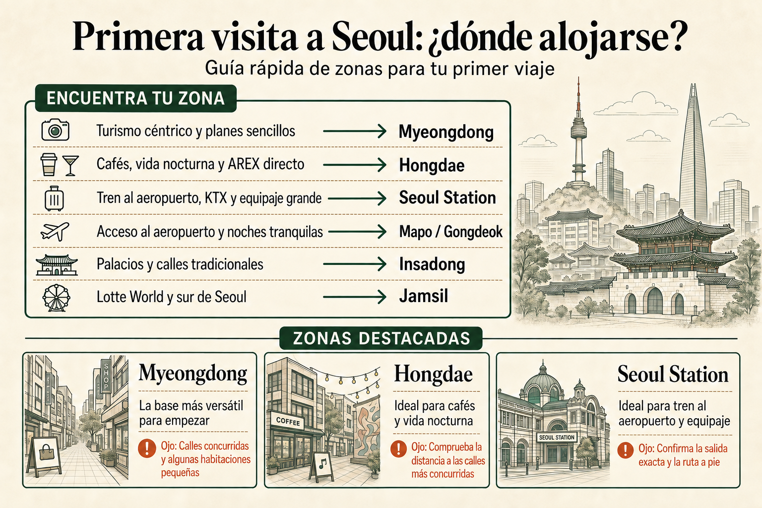 Infografía de seis zonas para hospedarse en Seúl por primera vez, según turismo, vida nocturna, tren al aeropuerto, maletas, calles tradicionales y visitas a Lotte World.