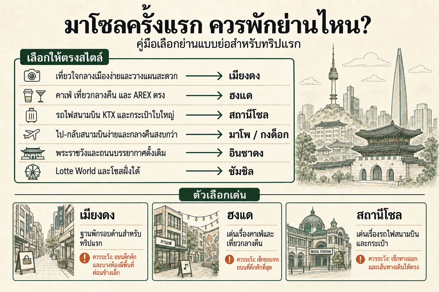 คู่มือย่านที่พักในโซลสำหรับทริปแรก จับคู่การเที่ยว ชีวิตกลางคืน รถไฟสนามบิน กระเป๋า ถนนดั้งเดิม และแผน Lotte World กับย่านที่ใช้งานได้จริง 6 ย่าน