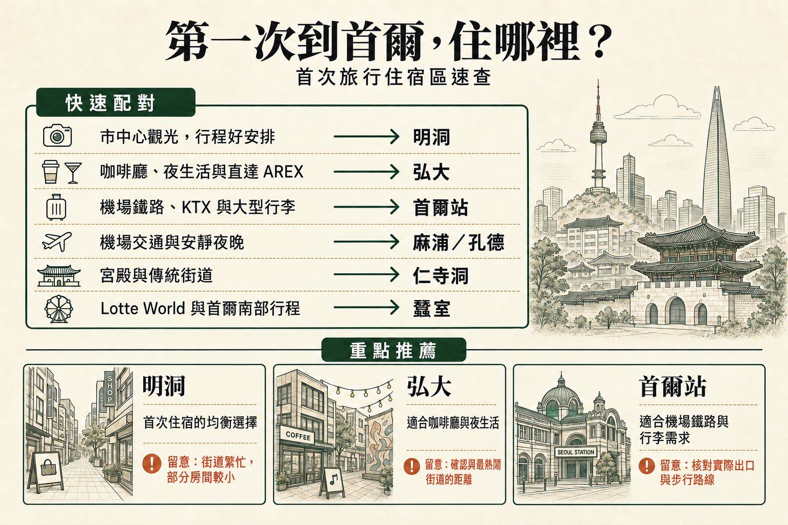初訪首爾住宿區指南，依觀光、夜生活、機場鐵路、行李、傳統街道與 Lotte World 行程，搭配六個實用街區。