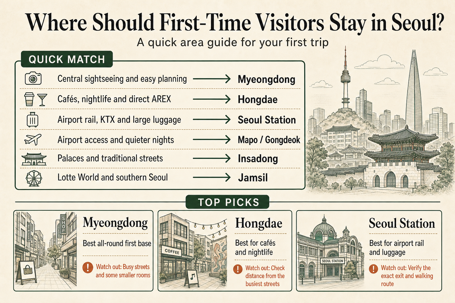 First-time Seoul stay area guide matching sightseeing, nightlife, airport rail, luggage, traditional streets and Lotte World plans with six practical neighborhoods.