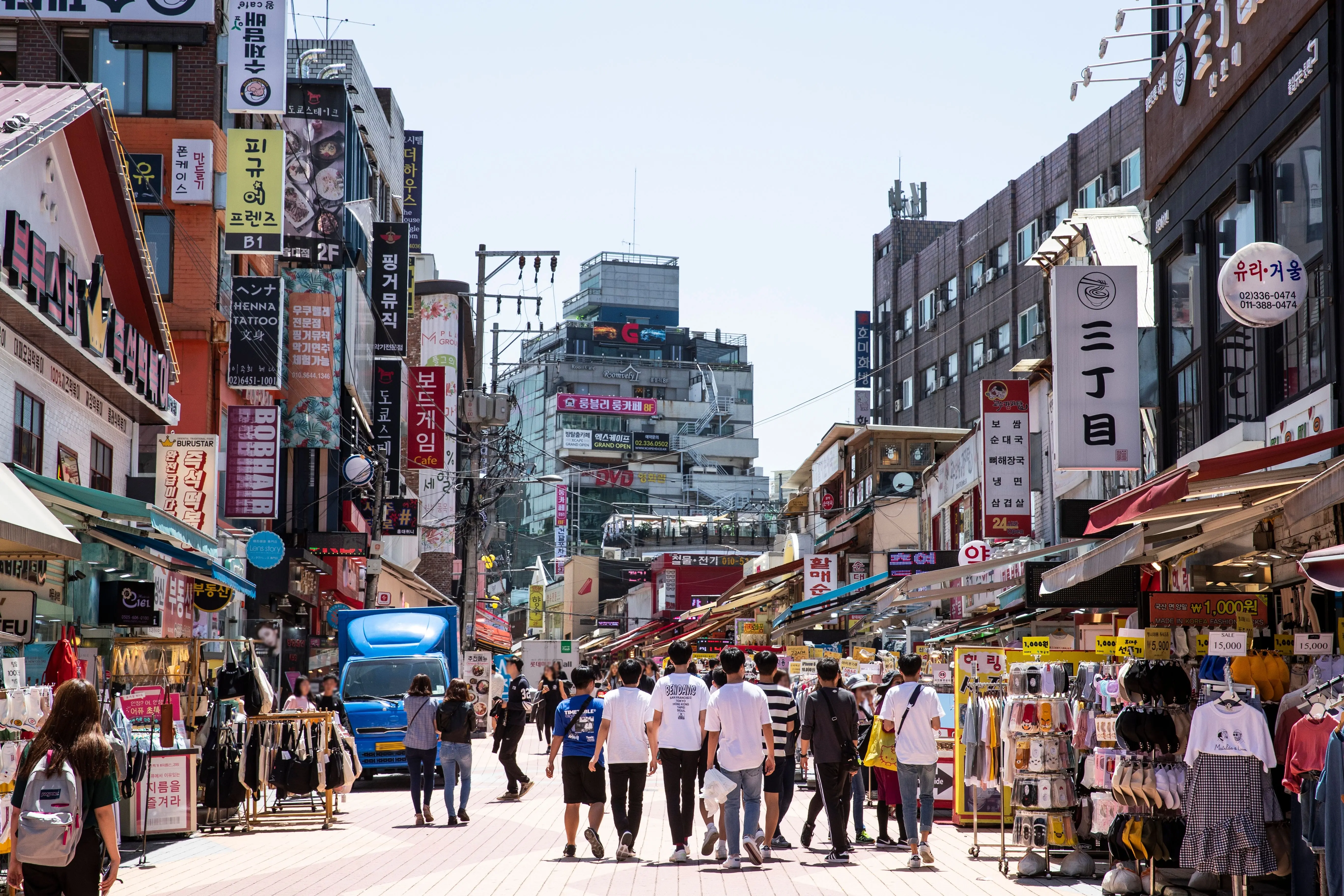 Busy shopping street in Hongdae, Seoul
