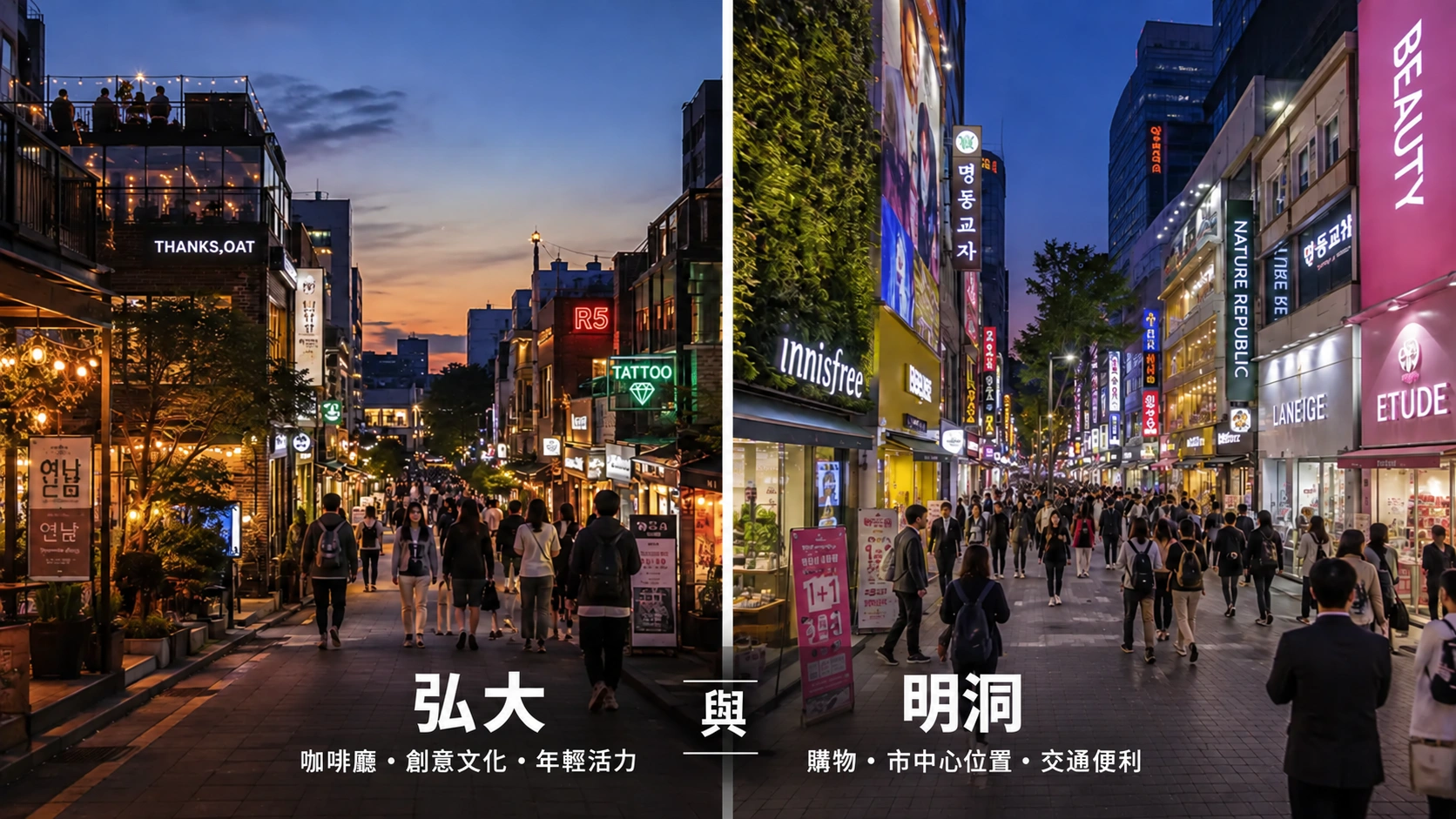 比較首爾弘大與明洞晚間氣氛的編輯插圖。