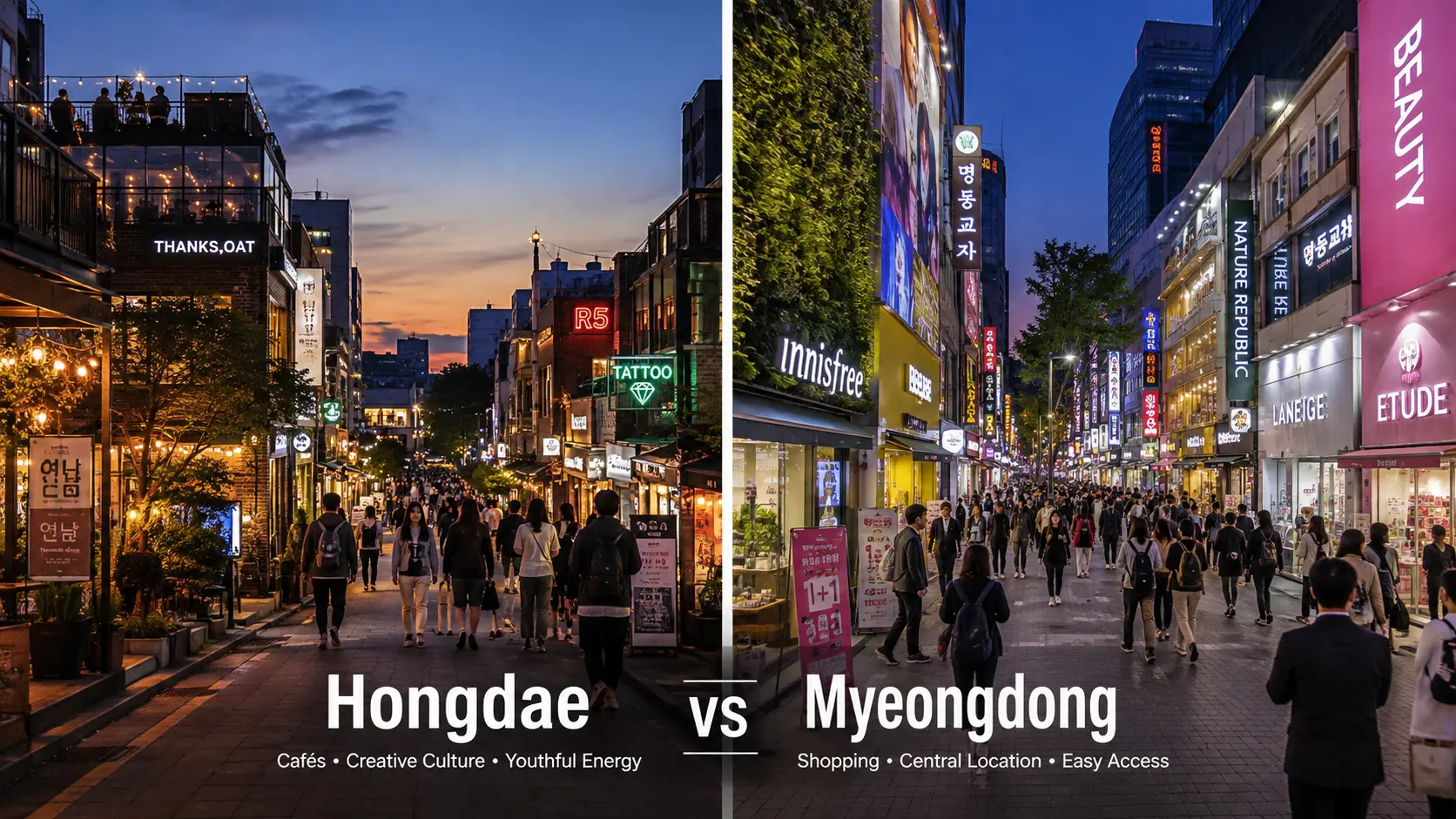 Editorial illustration comparing the evening atmosphere of Hongdae and Myeongdong in Seoul.