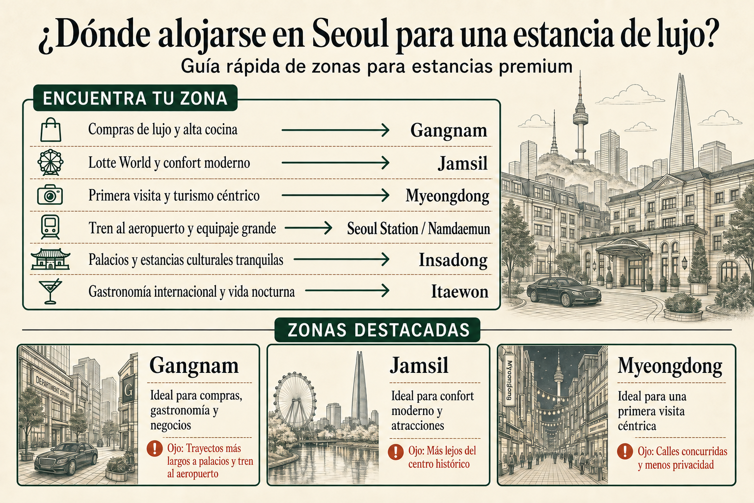 Guía de zonas de alojamiento de lujo en Seoul que relaciona compras premium, comodidad moderna, turismo céntrico, tren al aeropuerto, estancias culturales y vida nocturna internacional con seis barrios.