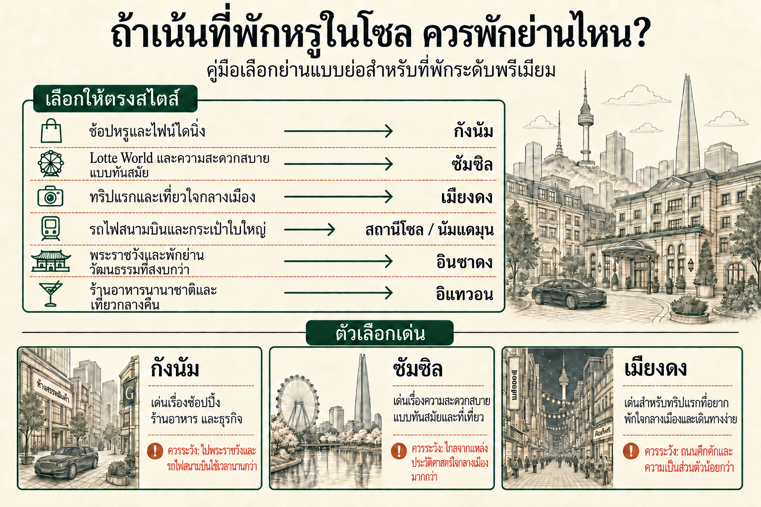 คู่มือเทียบ 6 ย่านพักระดับพรีเมียมในโซล ทั้งช้อปหรู ความสะดวกสบายทันสมัย เที่ยวใจกลางเมือง รถไฟสนามบิน วัฒนธรรม และชีวิตกลางคืน
