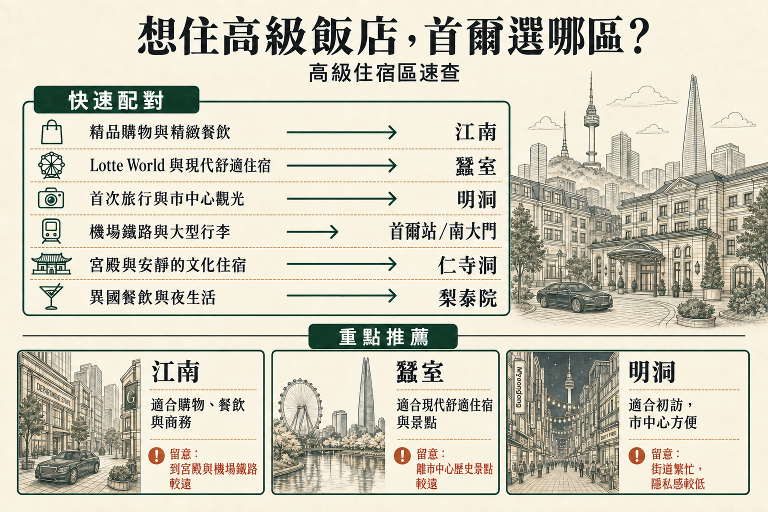 首爾高級住宿區指南，將高端購物、現代化舒適設施、市中心觀光、機場鐵路、文化住宿及國際夜生活需求，對應到六個街區。