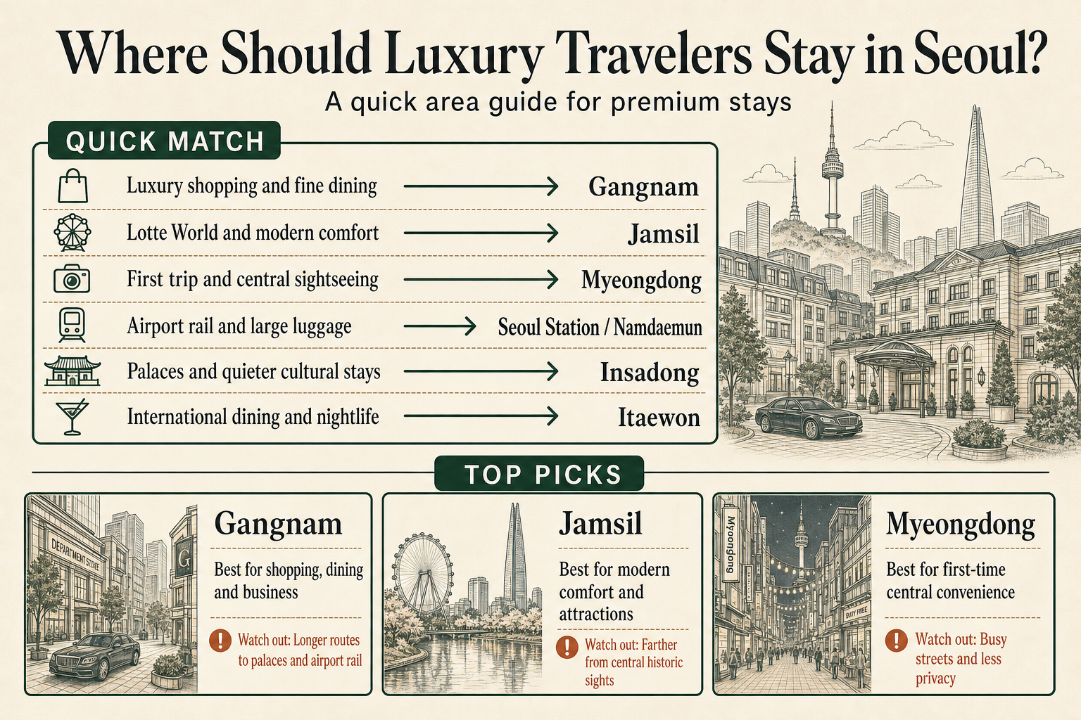 Luxury Seoul stay area guide matching premium shopping, modern comfort, central sightseeing, airport rail, cultural stays and international nightlife with six neighborhoods.