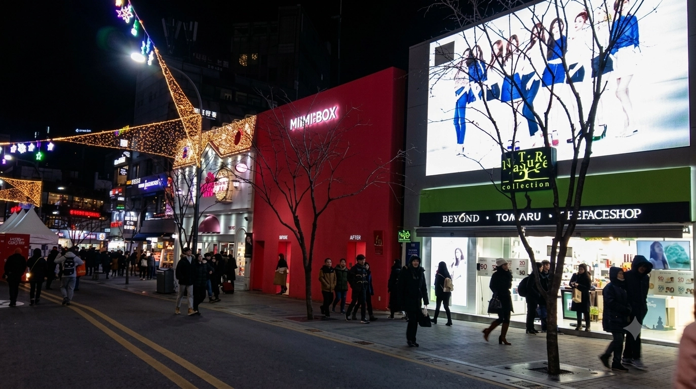 Sinchon Station shopping street at night in Seoul