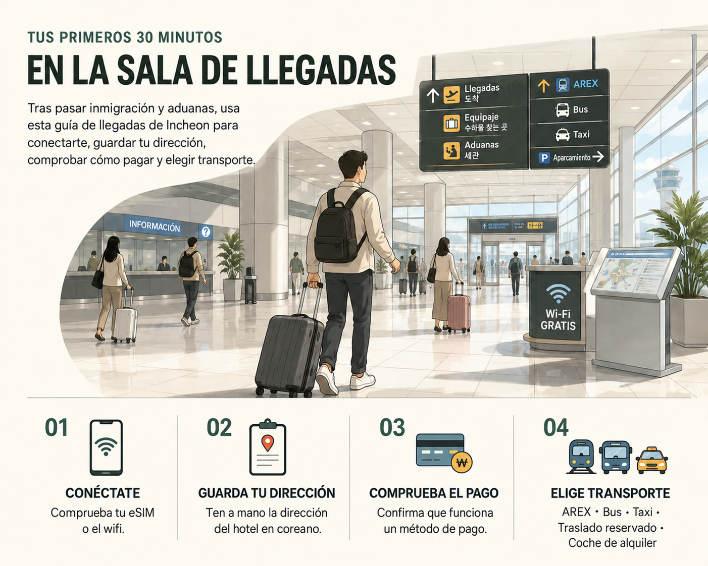 Ilustración de los primeros 30 minutos en llegadas de Incheon: internet, dirección del hospedaje, pago y transporte