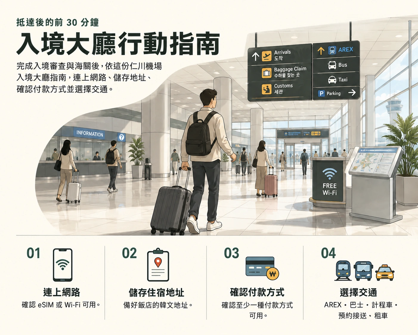圖解仁川機場入境大廳前 30 分鐘：連網、存地址、確認付款與選交通