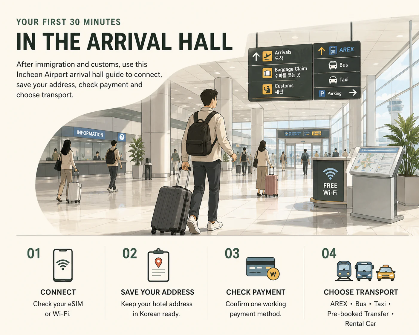 Illustrated first 30 minutes in the Incheon Airport arrival hall: connect, save your address, check payment and choose transport