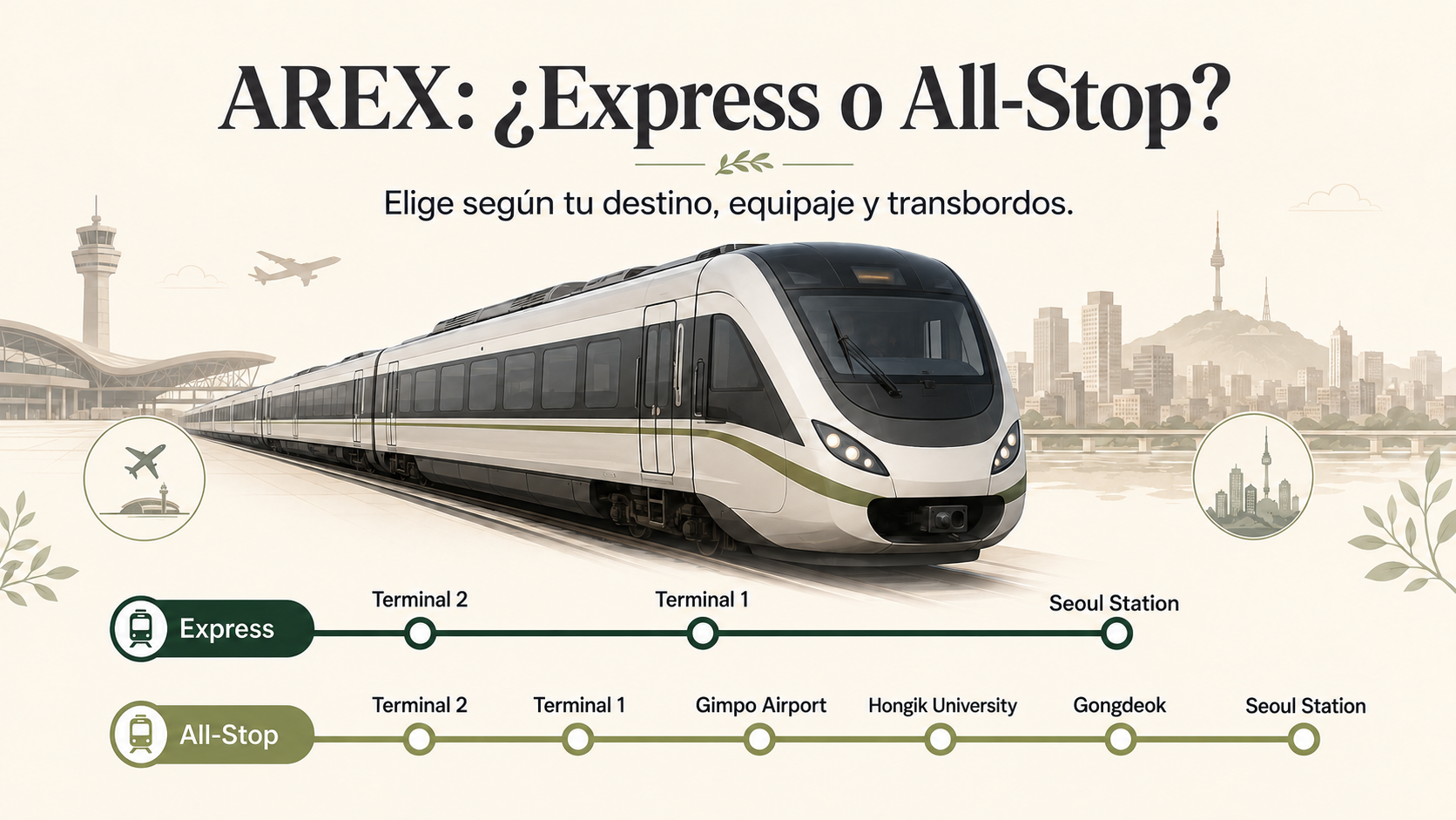 Tren AREX desde el aeropuerto de Incheon hacia Seúl, con servicios Express y All-Stop