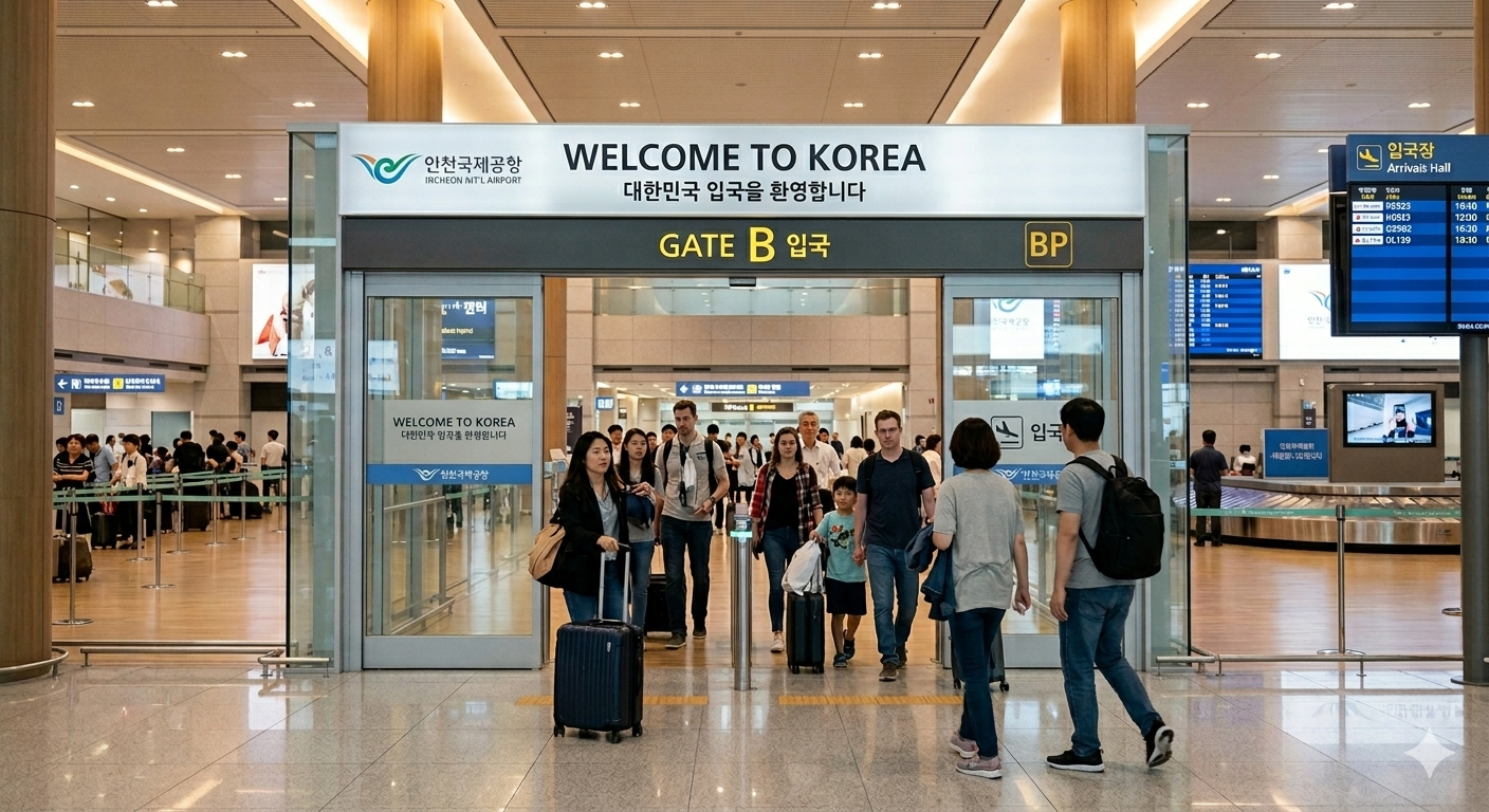 Incheon Airport arrival gate with Welcome to Korea sign