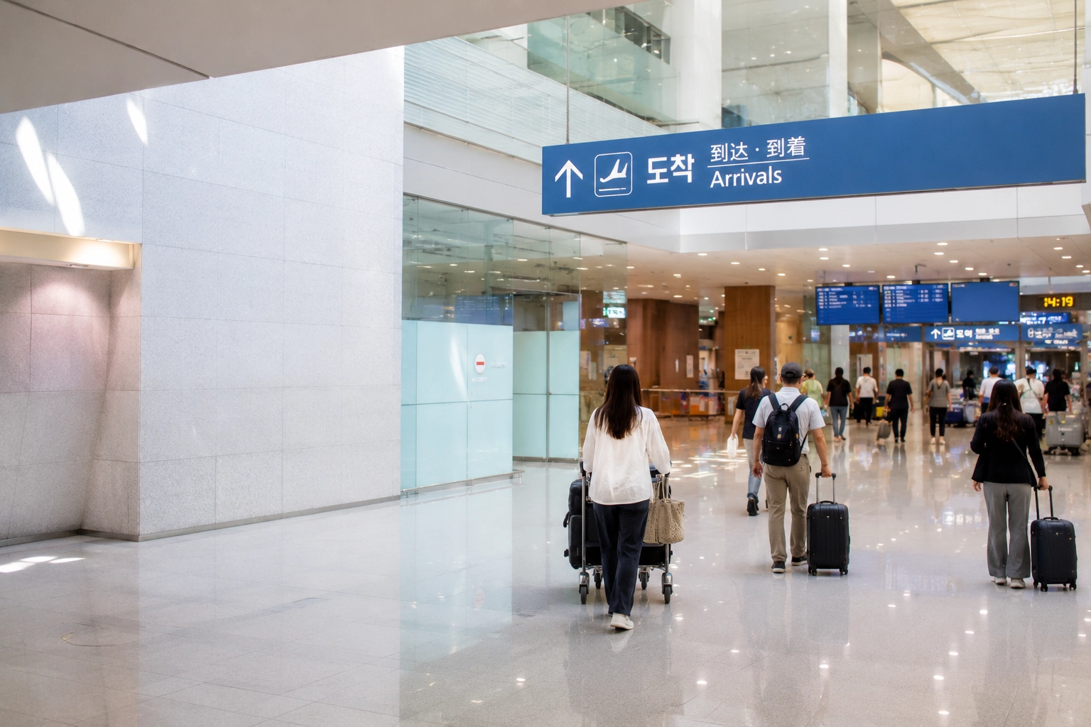 Travelers with luggage walking beneath an Arrivals sign inside Incheon International Airport