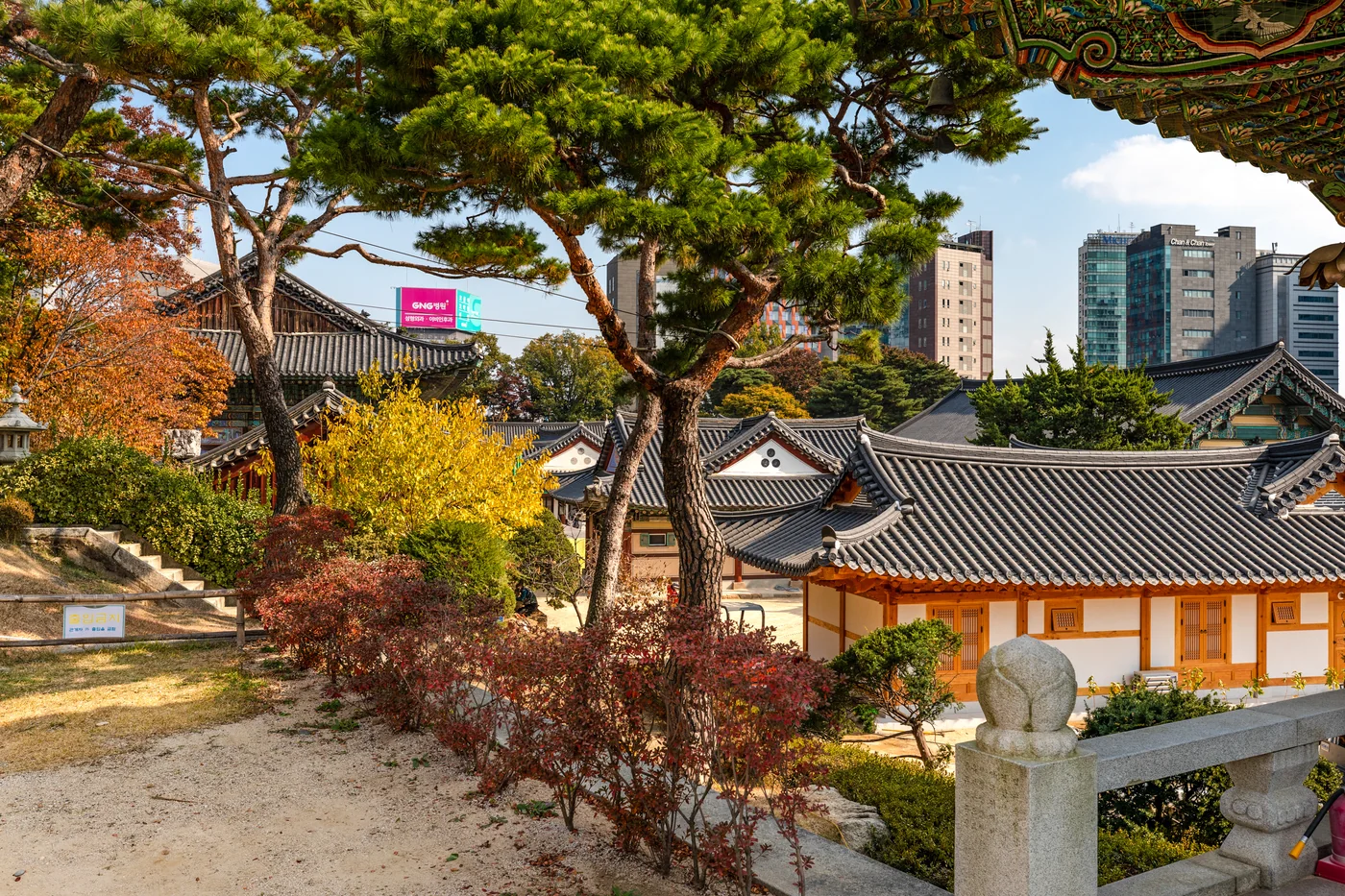 Autumn view of Bongeunsa Temple with Gangnam buildings in the background