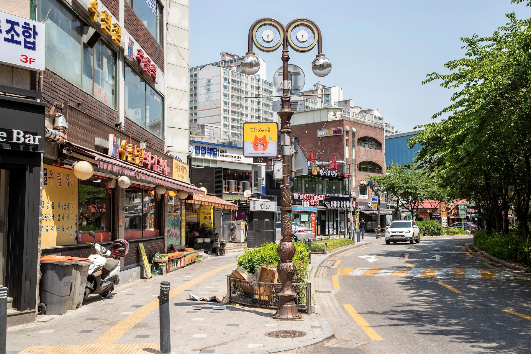 Pork galbi restaurants along a food street in Mapo, Seoul.