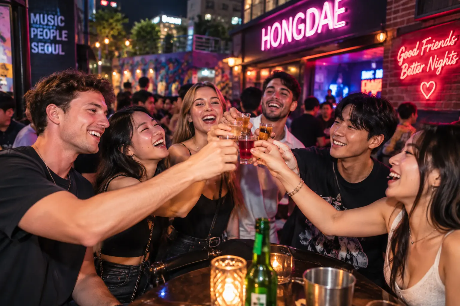 AI-generated illustration of travelers enjoying a social nightlife experience in Seoul.