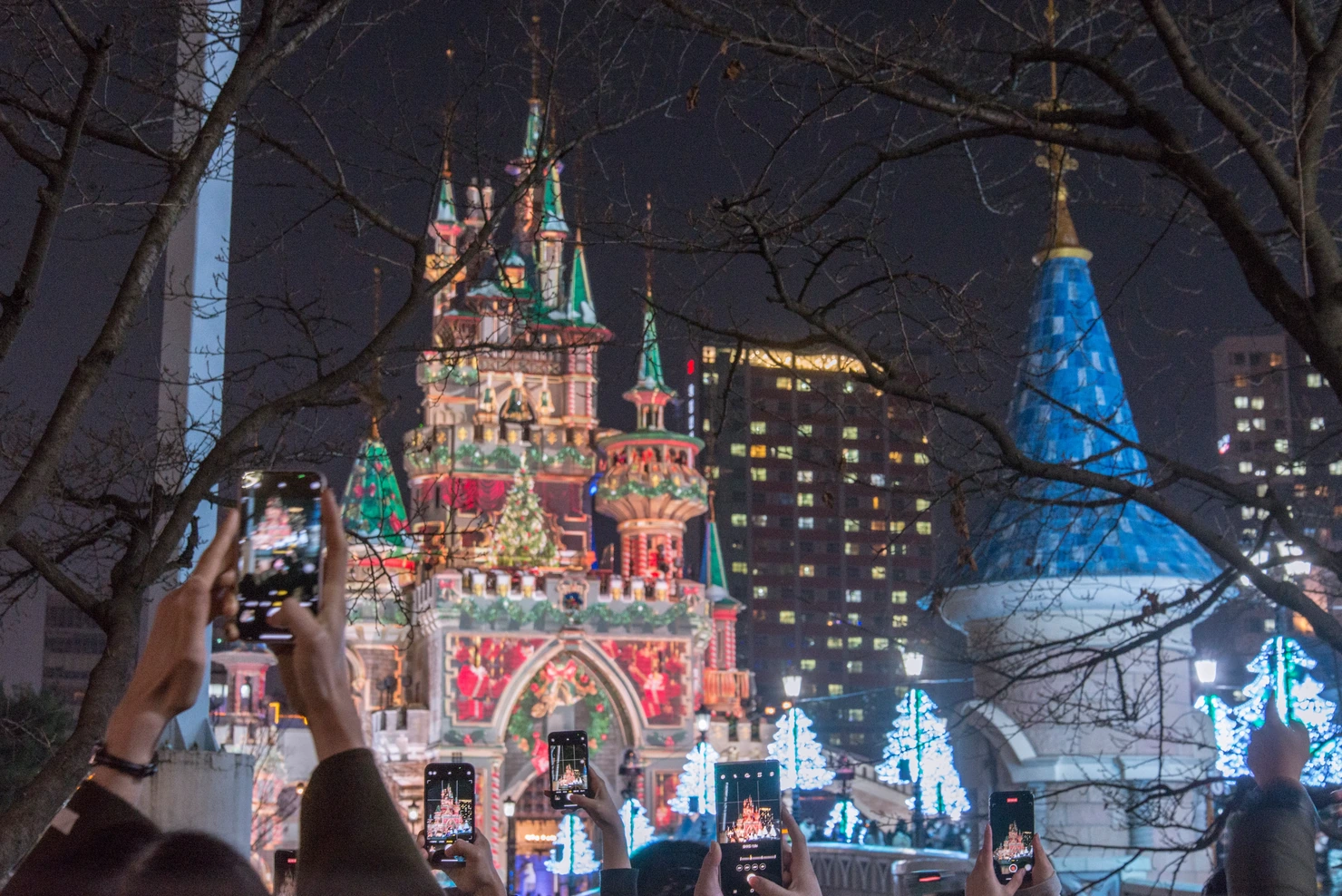 Lotte World Magic Island illuminated at night in Jamsil, Seoul.