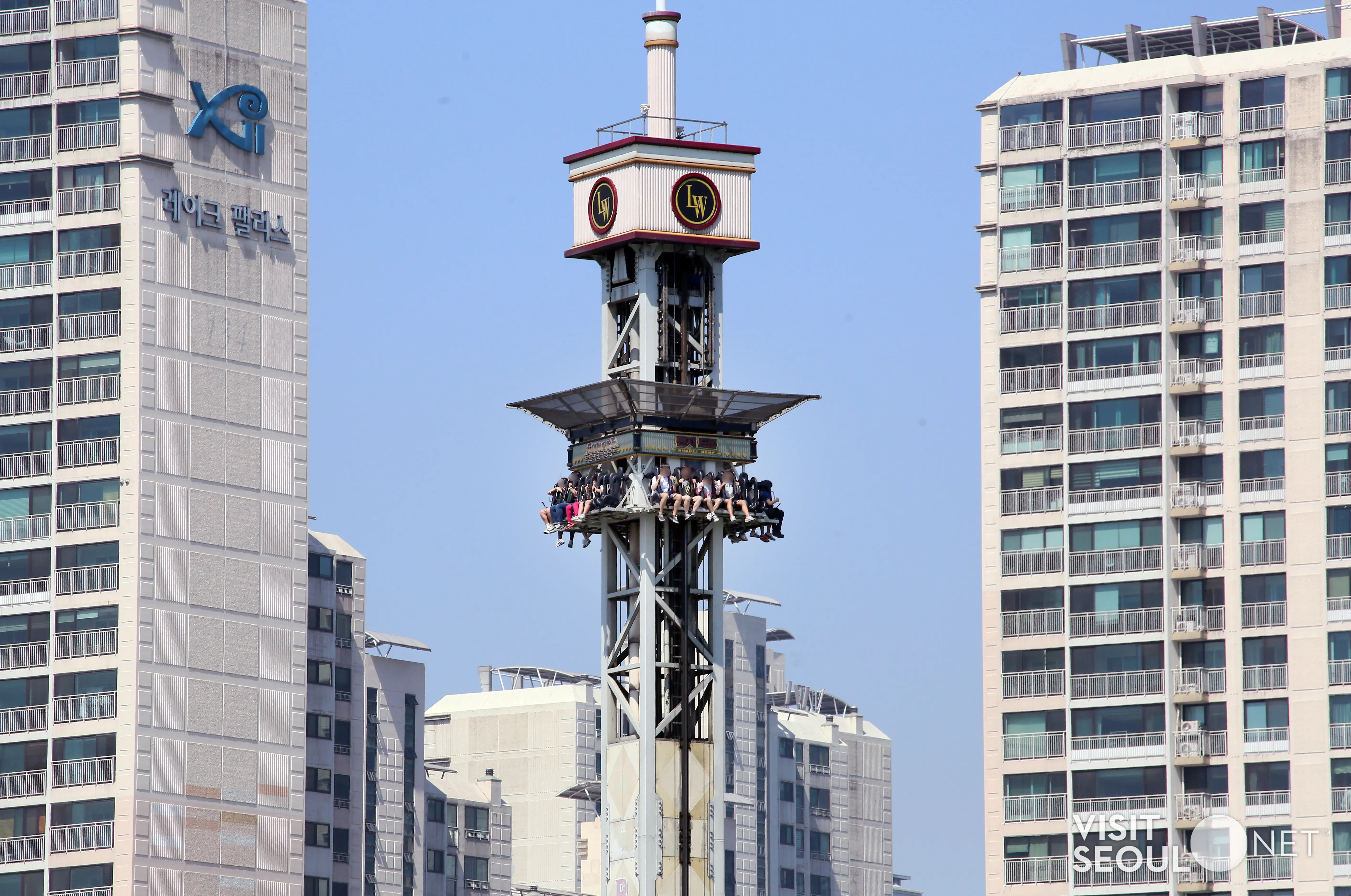 Lotte World Magic Island rides beside Seokchon Lake in Jamsil, Seoul.