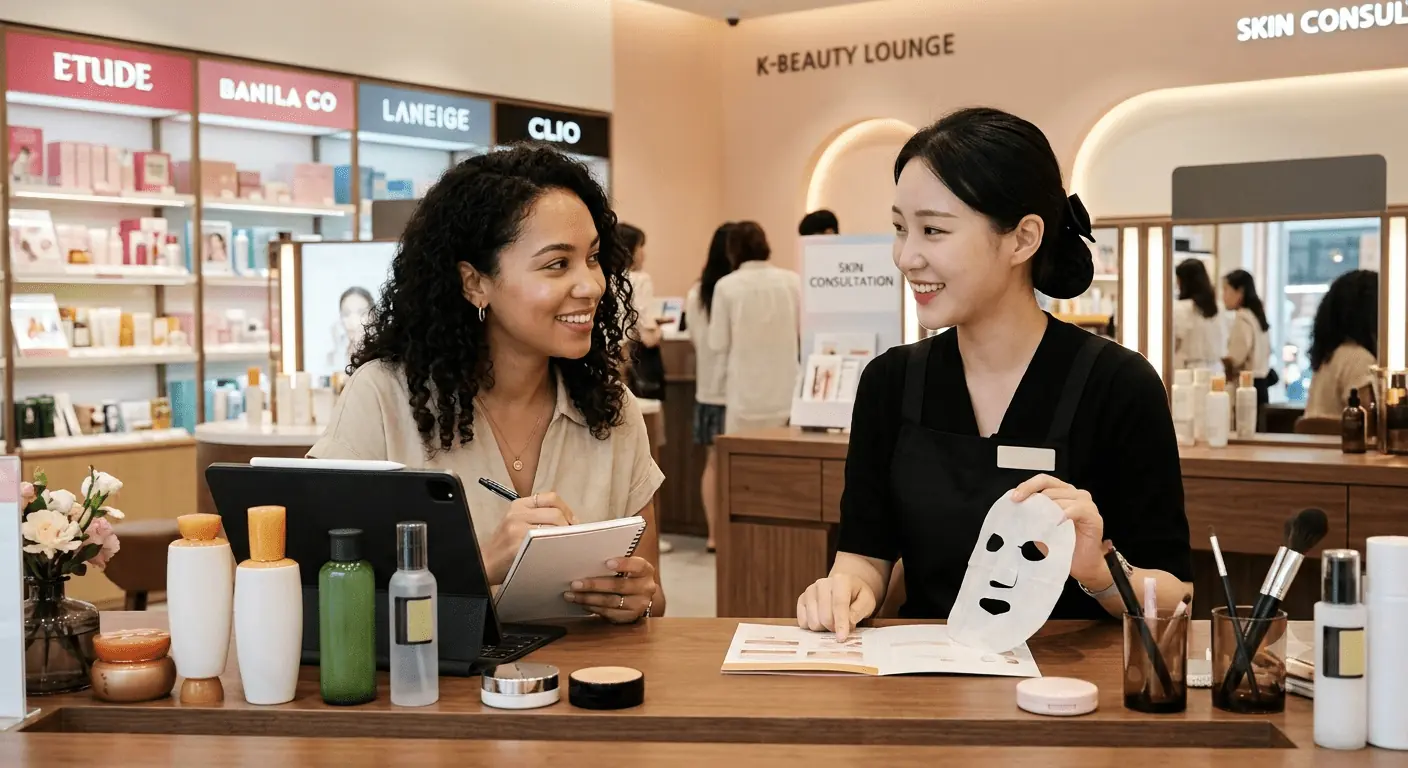 Traveler discussing skincare products with a consultant at a K-Beauty counter