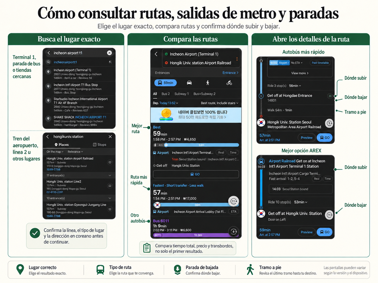 Cómo comparar rutas en NAVER Map y confirmar los puntos de subida y bajada