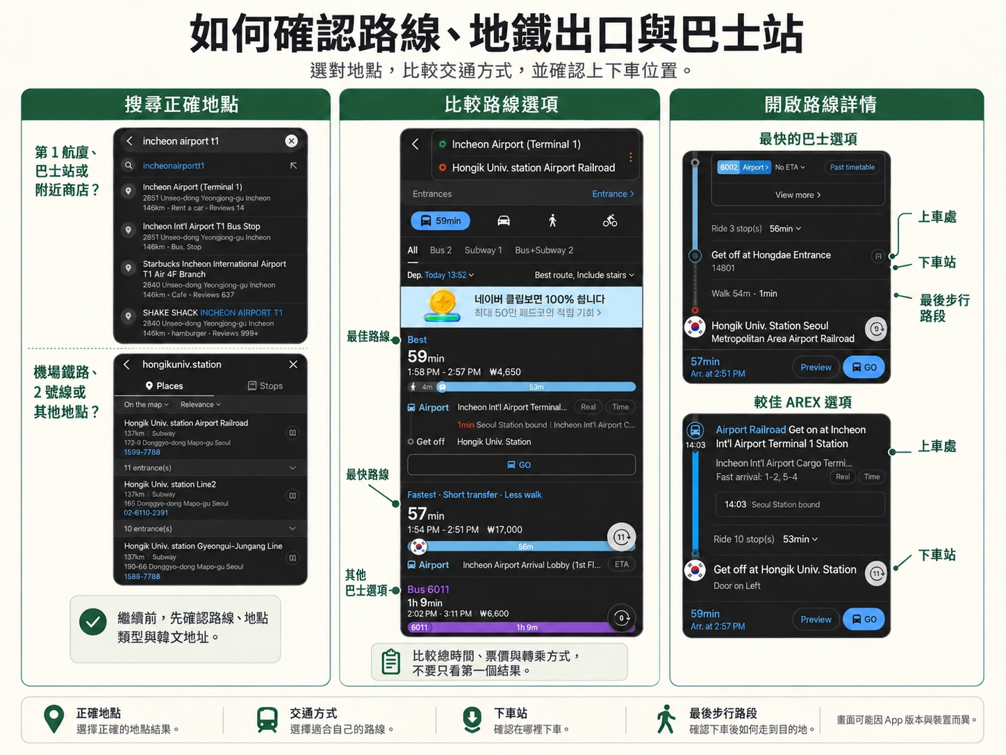 比較 NAVER Map 路線並確認上下車位置的方法