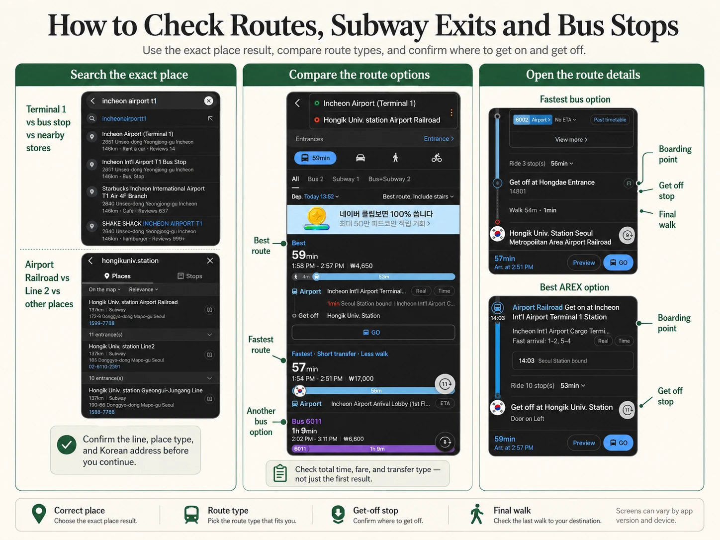 How to compare NAVER Map routes and confirm boarding and get-off points