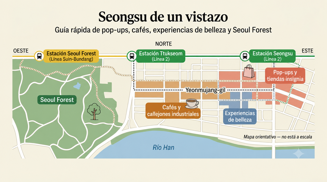 Mapa ilustrado de Seongsu con Seoul Forest, las estaciones Seoul Forest, Ttukseom y Seongsu, Yeonmujang-gil, pop-ups, cafés y espacios de experiencias de belleza.
