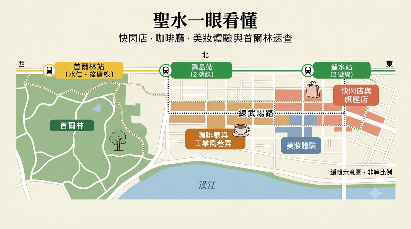 聖水插畫地圖，標示首爾林、首爾林站、纛島站、聖水站、聖水聯武場街、快閃店、咖啡廳與美妝體驗區域。