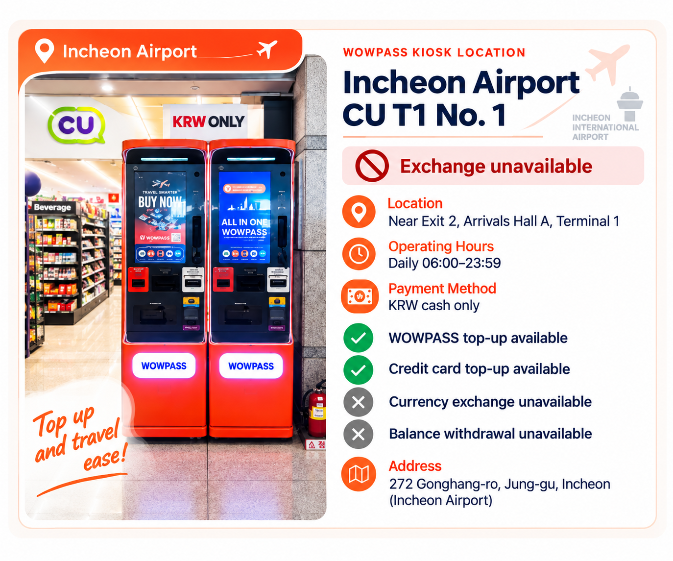 Kios WOWPASS di CU T1 No. 1 Bandara Incheon
